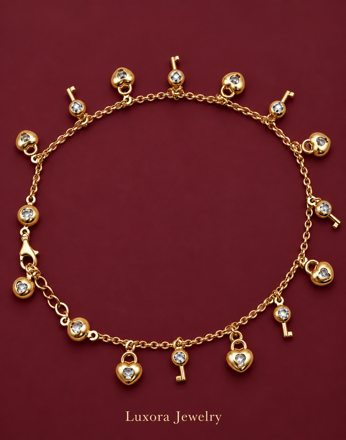 Tobillera de candados y llaves en oro amarillo 14K